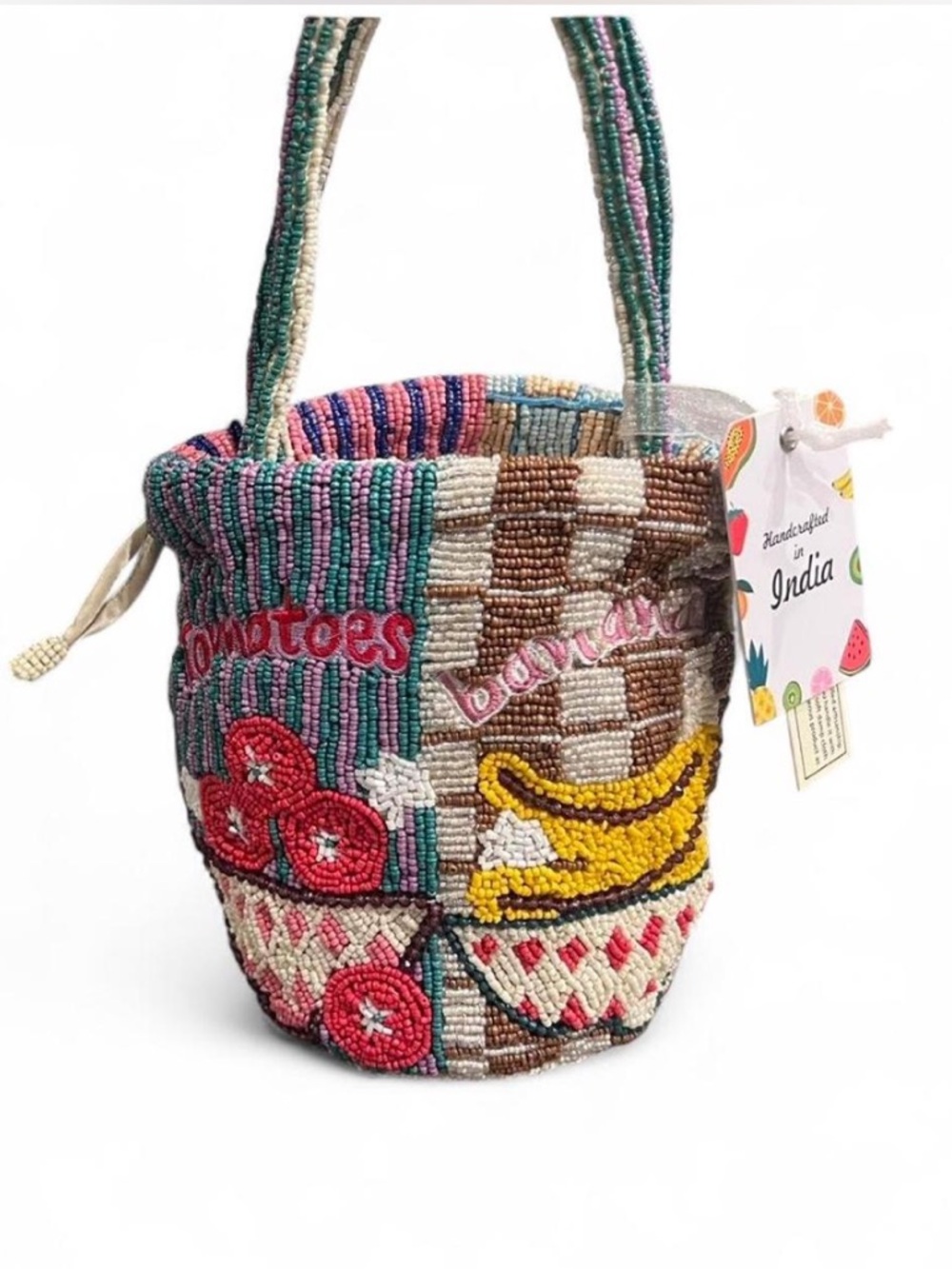 made in india beaded fruit patch bucket bag banana pineapple orange tomato
